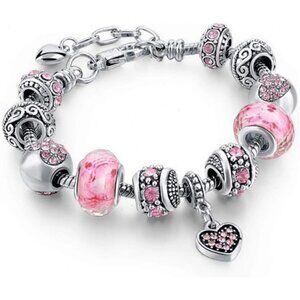 Charm Pink Hearts Silver Plated Charm Bracelet Set,